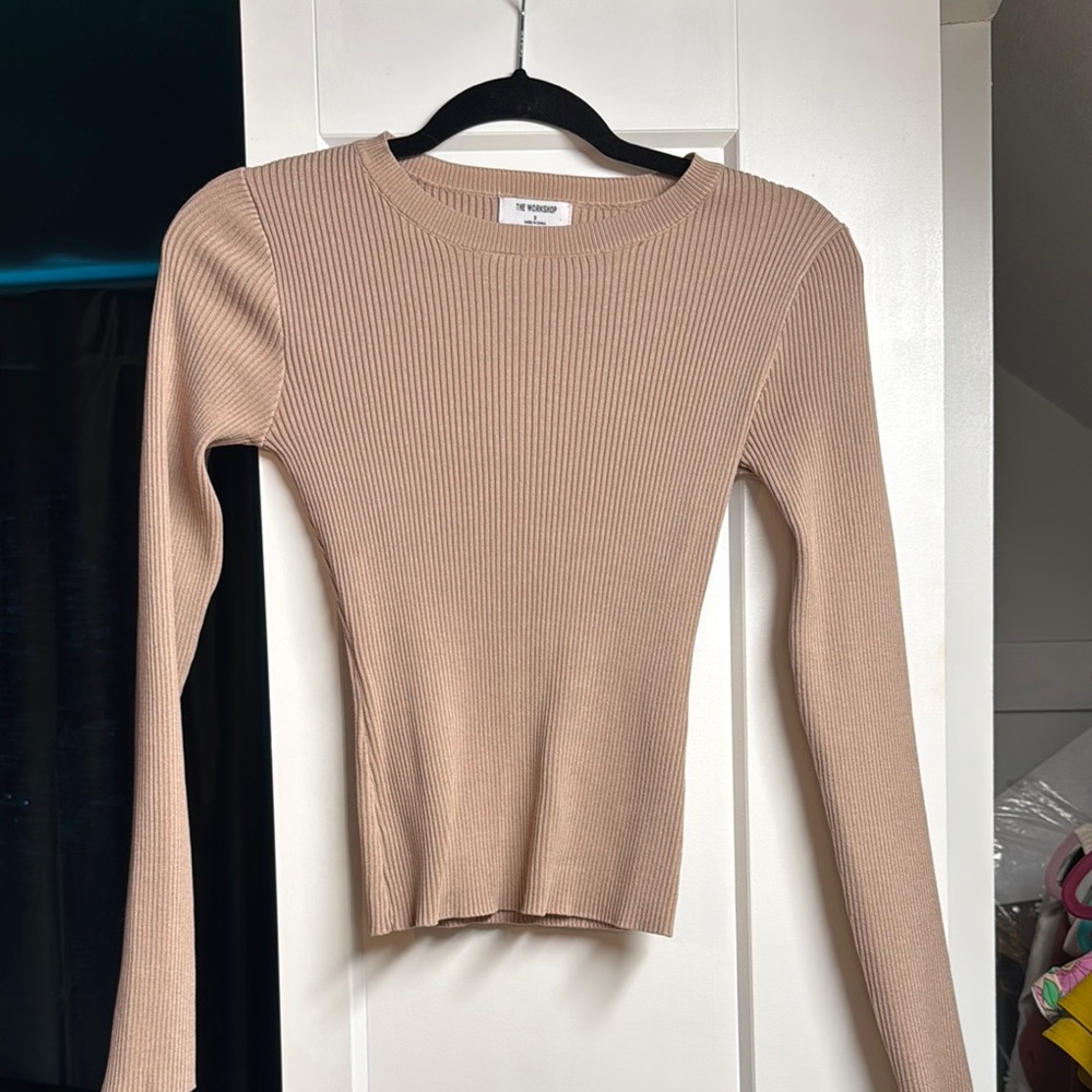 Tan Ribbed Fitted Long Sleeve Blouse